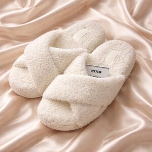 PINK Victoria's Secret Cream Sherpa Crossband Slippers